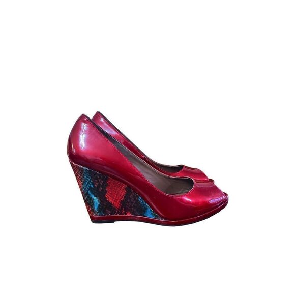 Donald Pliner // Red Habiki Wedge Peep Toe Heels Size 8.5 - Picture 10 of 10